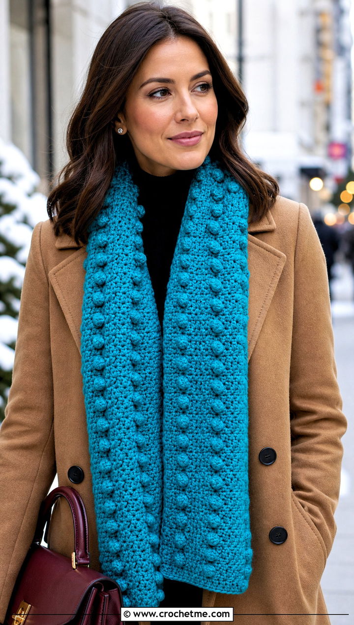 Bobble Stitch Crochet Scarf With Peacoat - 25 Beautiful Crochet Scarf outfit ideas