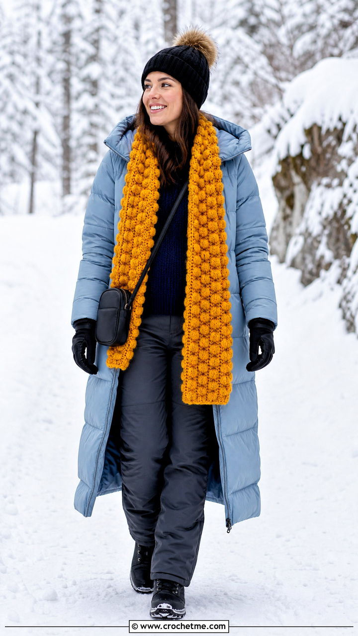 Bobble Stitch Crochet Scarf With Puffer Coat And Snow Boots - 35 quick crochet scarf outfit ideas