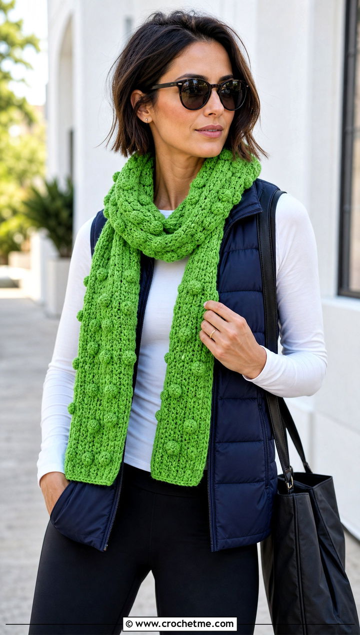 Bobble Stitch Crochet Scarf With Puffer Vest And Leggings - 15 elegant crochet scarf design outfit ideas