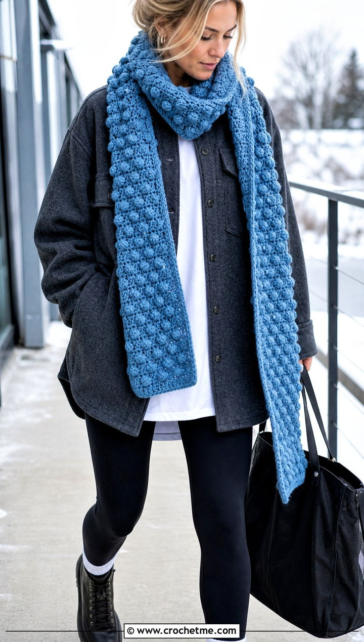 Bobble Stitch Crochet Scarf With Shacket And Leggings - 30 easy crochet scarfs outfit ideas
