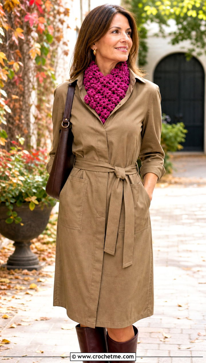 Bobble Stitch Crochet Scarf With Shirt Dress And Tall Boots - 20 Elegant Crochet Scarf outfit ideas