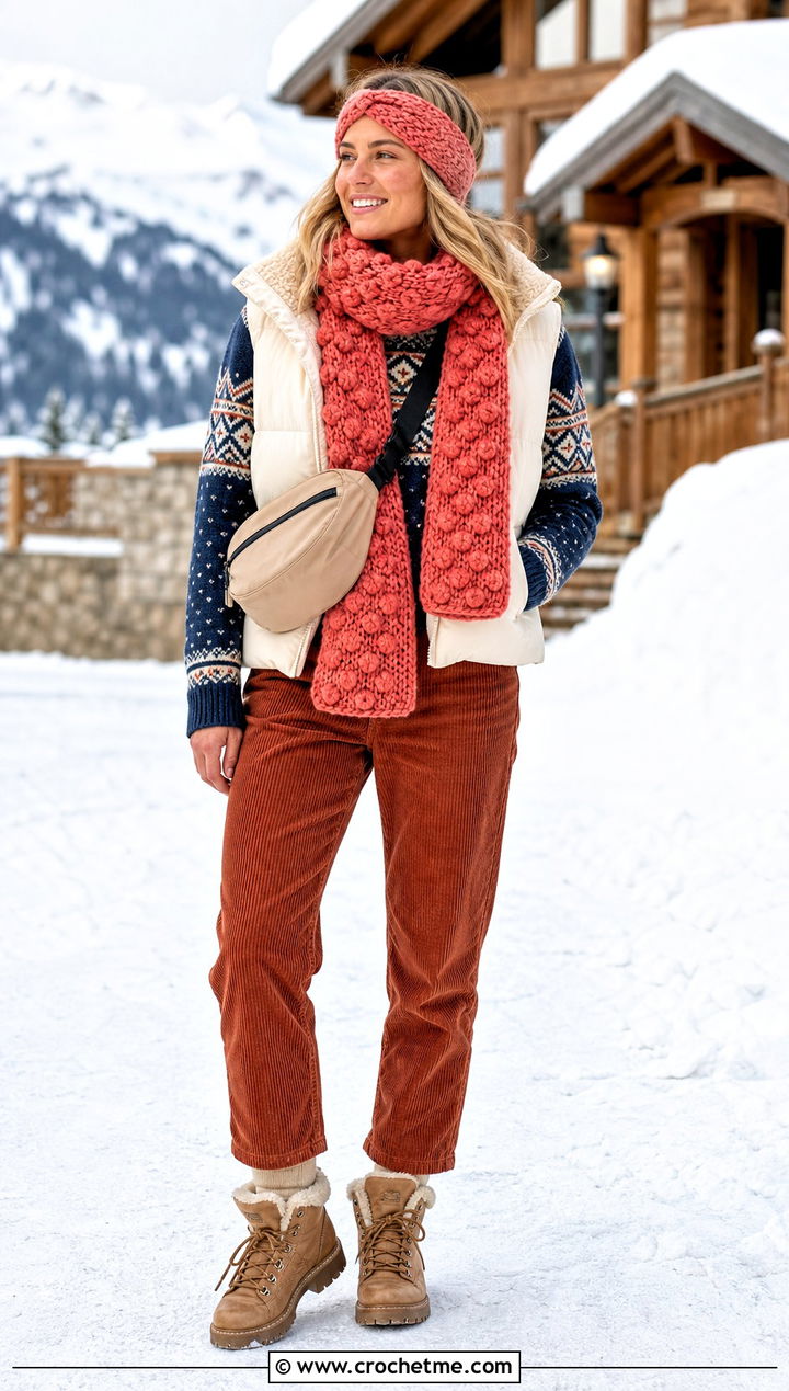 Bobble Stitch Crochet Scarf With Ski Sweater - 35 Winter Crochet Scarfs For Women outfit ideas