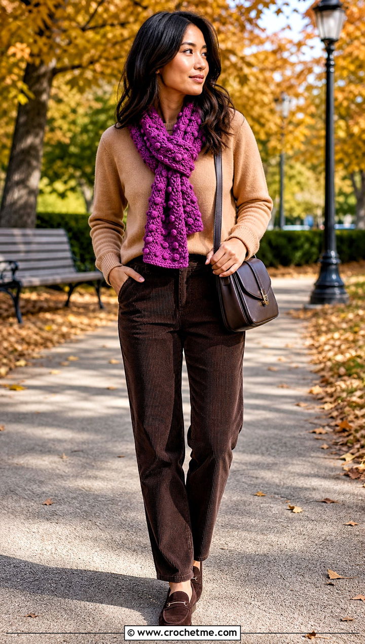 Bobble Stitch Crochet Scarf With Sweater And Corduroy Pants - 35 small crochet scarf outfit ideas