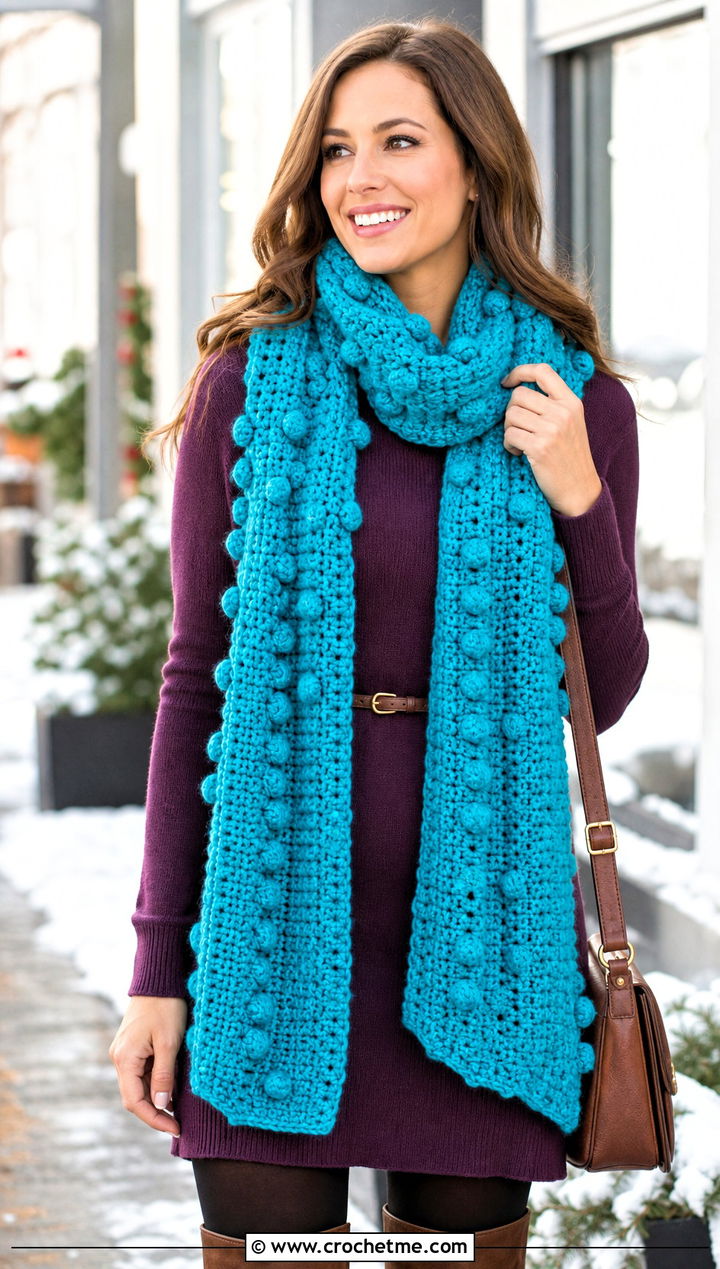 Bobble Stitch Crochet Scarf With Sweater Dress - 30 unique crochet scarf outfit ideas