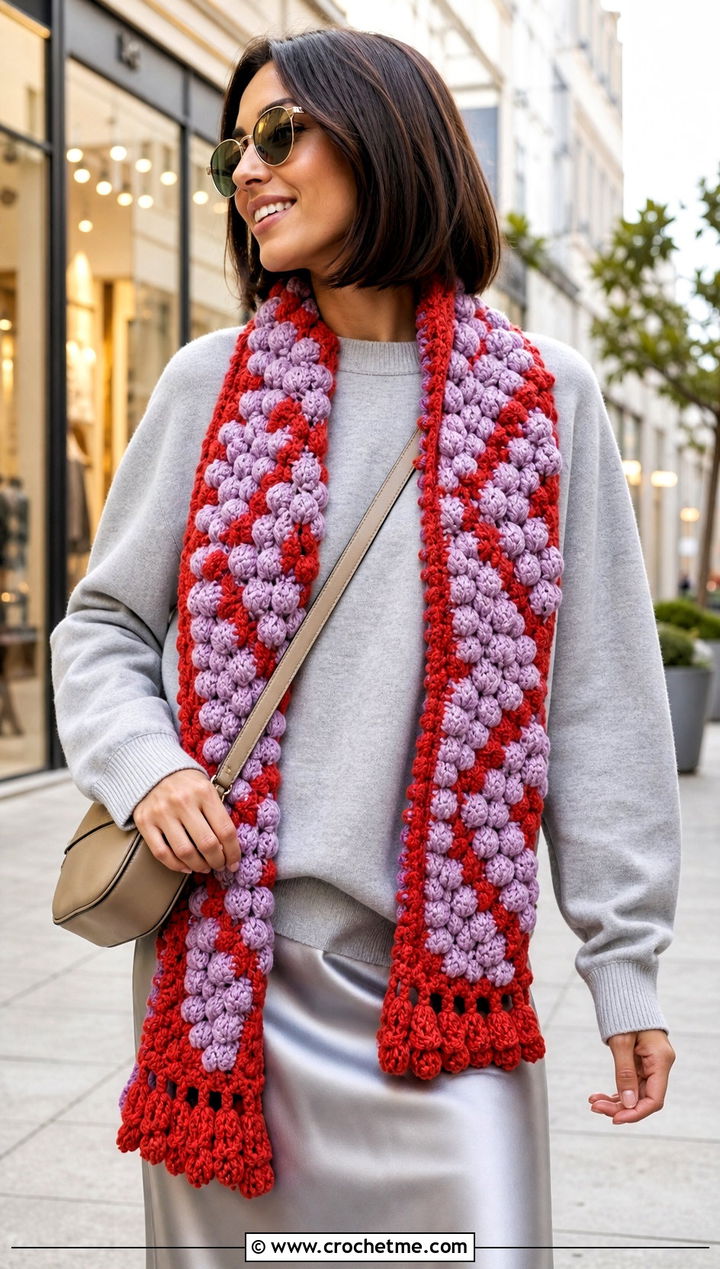 Bobble Stitch Crochet Scarf With Sweatshirt And Satin Skirt - 30 2 color crochet scarf outfit ideas