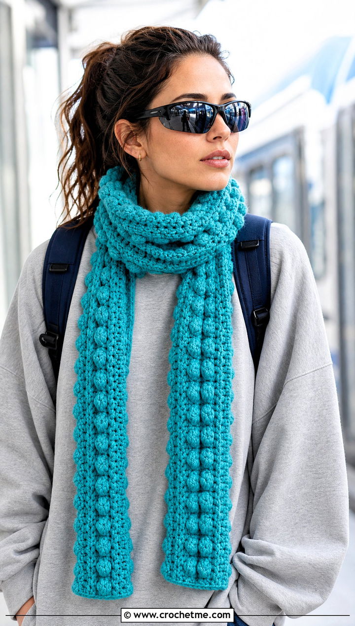 Bobble Stitch Crochet Scarf With Sweatshirt And Track Pants - 35 fun crochet scarf outfit ideas