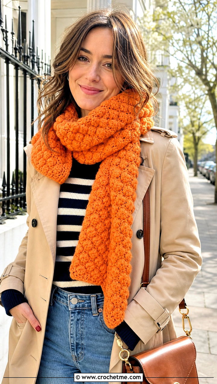 Bobble Stitch Crochet Scarf With Trench Coat - 20 Crochet Textured Scarf outfit ideas