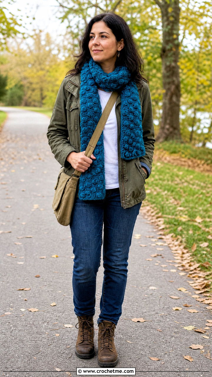 Bobble Stitch Crochet Scarf With Utility Jacket - 35 easy crochet scarf outfit ideas