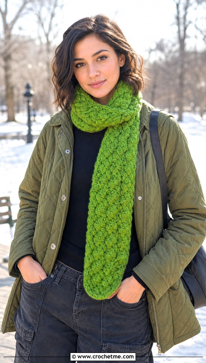 Bobble Stitch Crochet Scarf With Utility Jacket - 15 Winter Crochet Scarf Design outfit ideas
