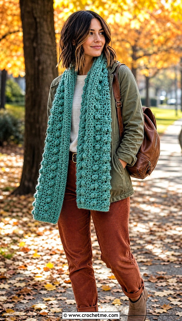 Bobble Stitch Crochet Scarf With Utility Jacket And Corduroy Pants - 25 pretty crochet scarf outfit ideas