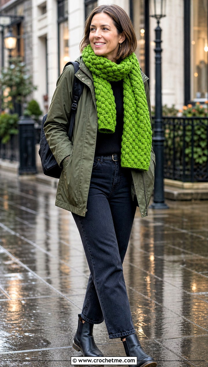 Bobble Stitch Crochet Scarf With Utility Parka - 30 bulky crochet scarf outfit ideas