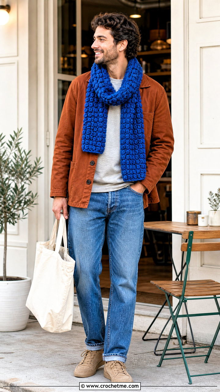 Bobble Stitch Crochet Scarf With Weekend Outfit - 35 men's crochet scarf outfit ideas