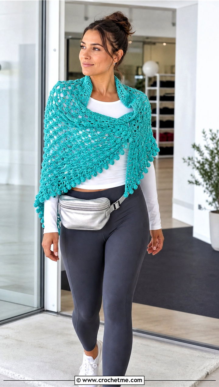 Bobble Stitch Crochet Semi Circle Shawl With Athleisure - 25 Crochet Semi Circle Shawl outfit ideas