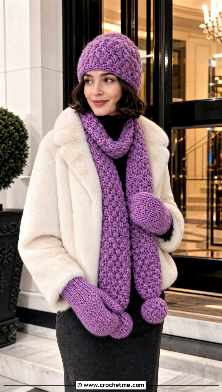 Bobble Stitch Crochet Set With Faux Fur Coat - 20 Crochet Hat Mittens Scarf Set outfit ideas