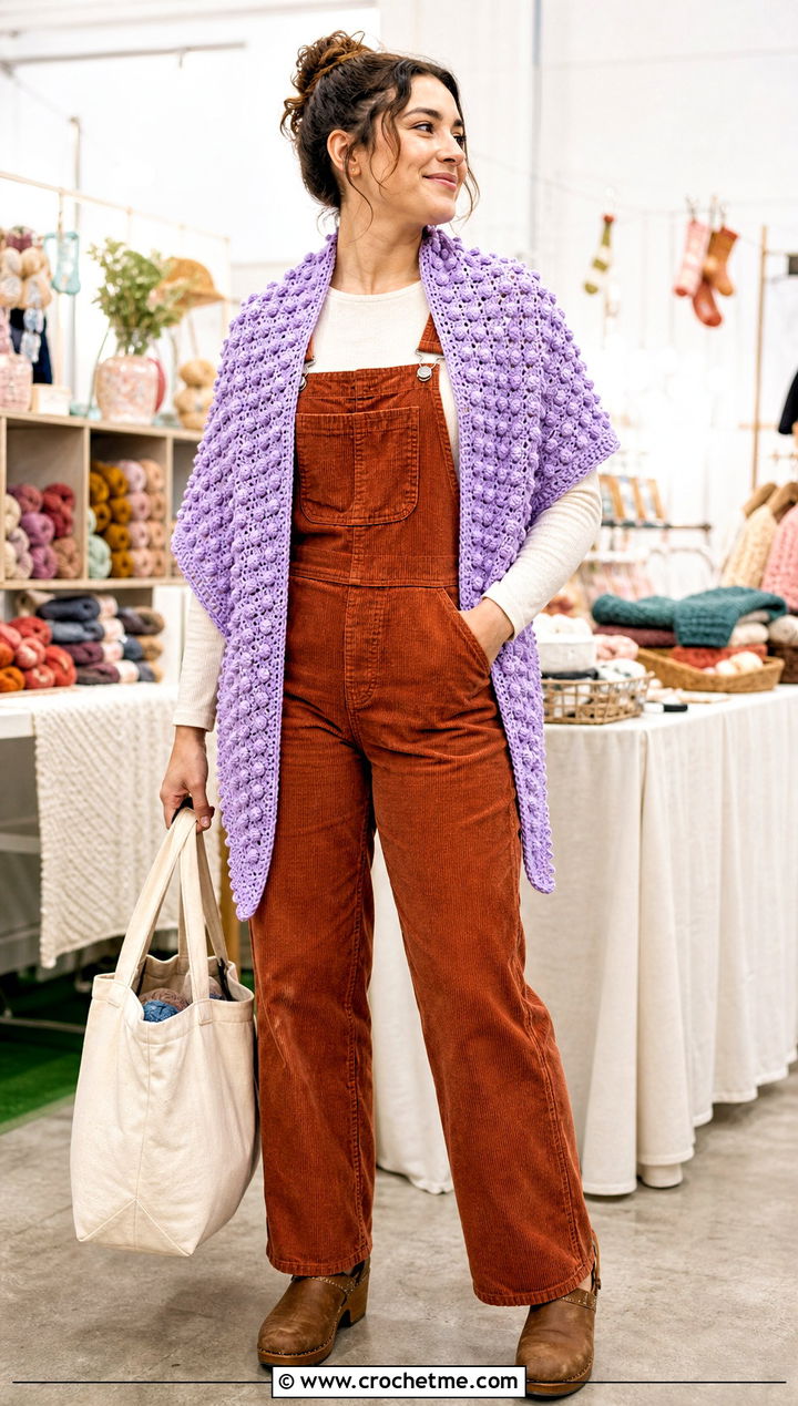 Bobble Stitch Crochet Shawl With Corduroy Overalls - 35 easy crochet shawl outfit ideas