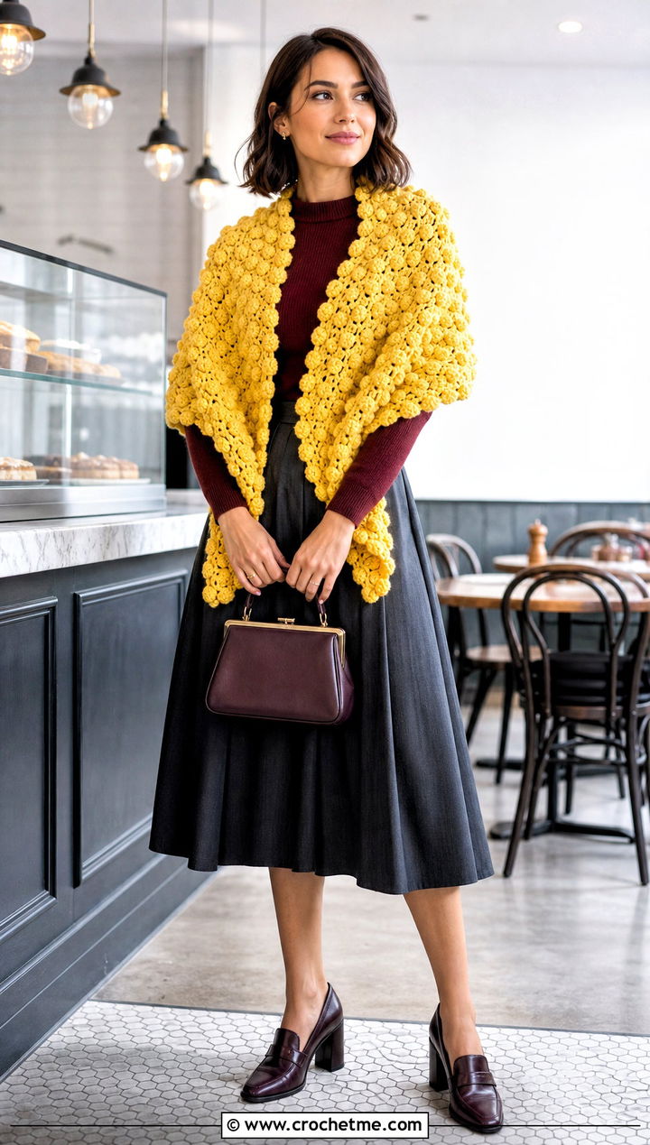Bobble Stitch Crochet Shawl With Pleated Skirt - 25 Fall Crochet Shawl outfit ideas