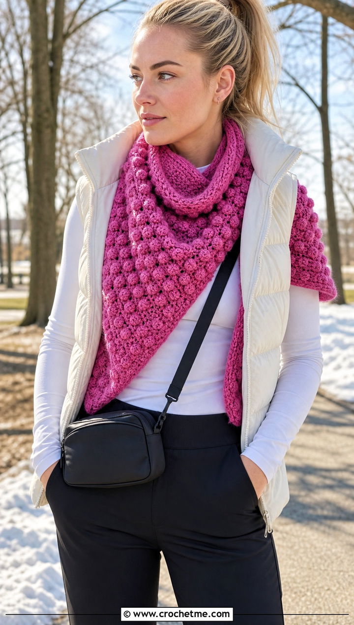 Bobble Stitch Crochet Shawl With Puffer Vest - 30 winter crochet shawl outfit ideas