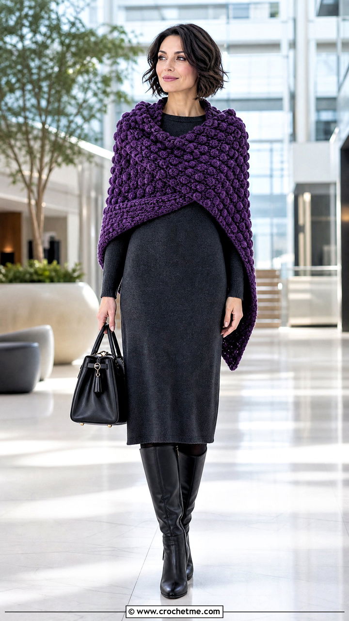 Bobble Stitch Crochet Shawl With Sweater Dress - 35 easy simple crochet shawl outfit ideas