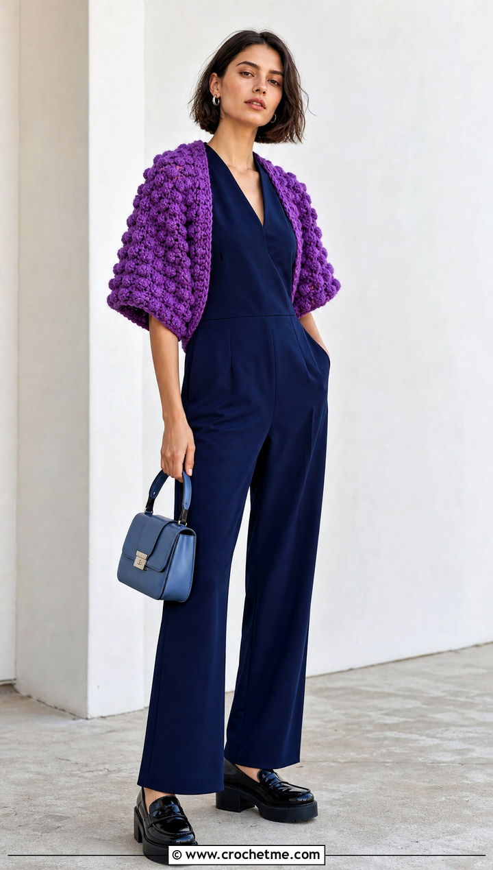 Bobble Stitch Crochet Shrug With Simple Jumpsuit - 25 simple crochet shrug outfit ideas