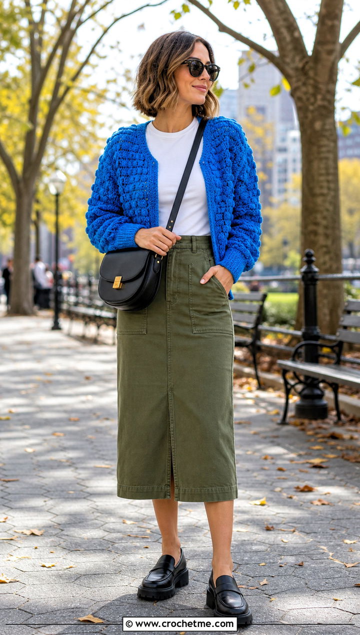Bobble Stitch Crochet Shrug With Utility Skirt - 35 crocheted shrug outfit ideas
