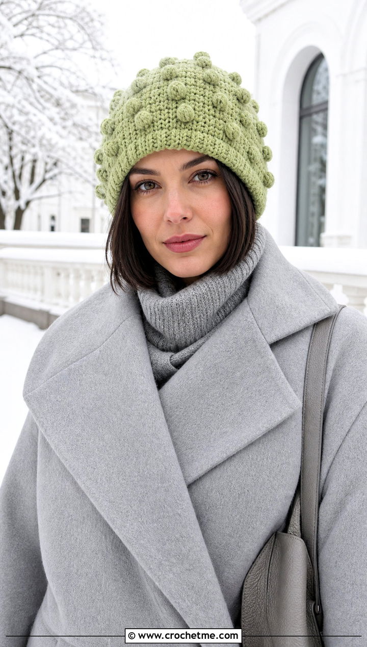 Bobble Stitch Crochet Ski Hat With Monochrome Knit Layers - 30 crochet ski hat outfit ideas