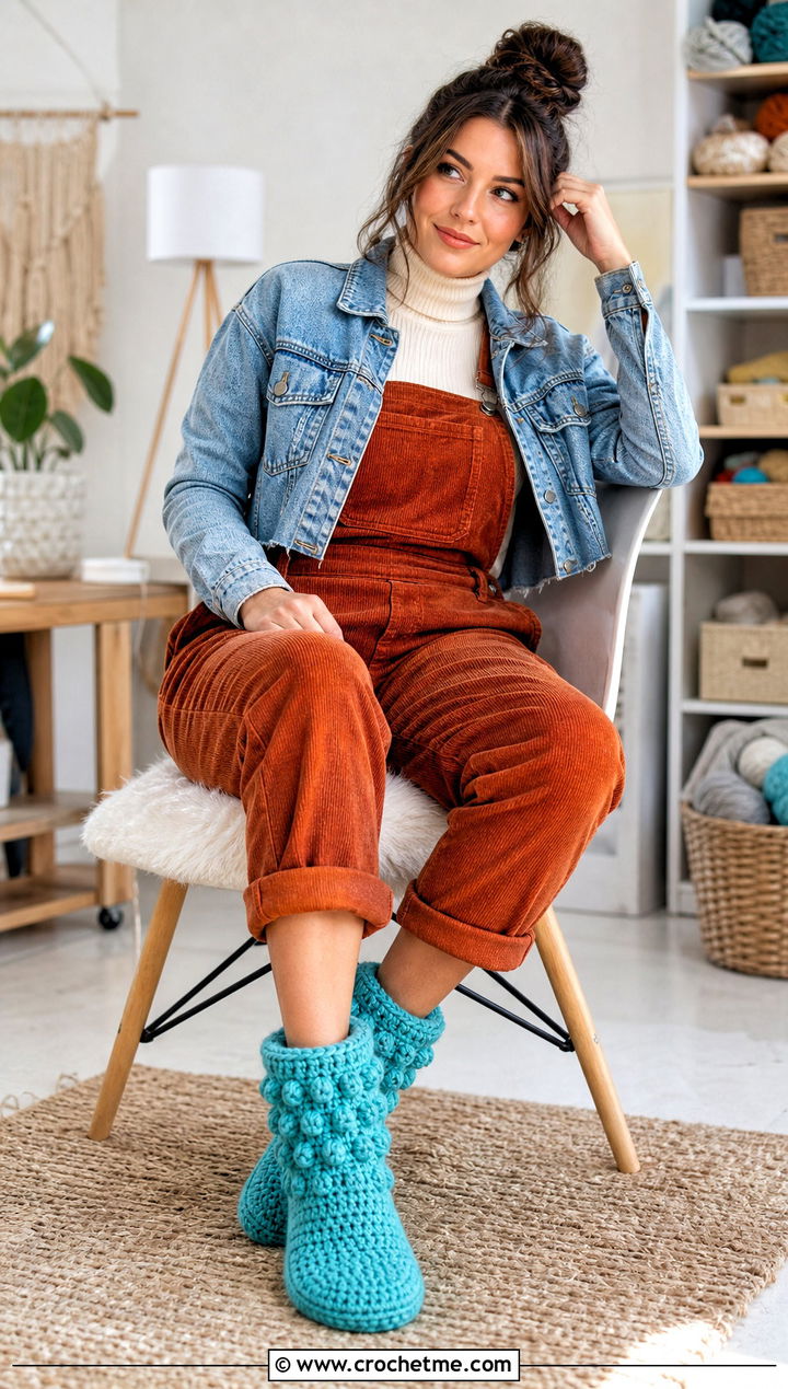 Bobble Stitch Crochet Slipper Boots With Corduroy Overalls - 25 crochet sock slippers outfit ideas