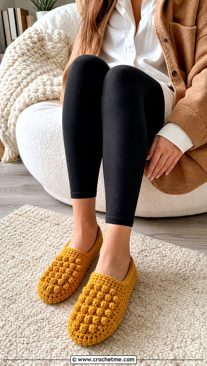 Bobble Stitch Crochet Slippers With A Shacket And Leggings - 25 crochet winter slippers outfit ideas