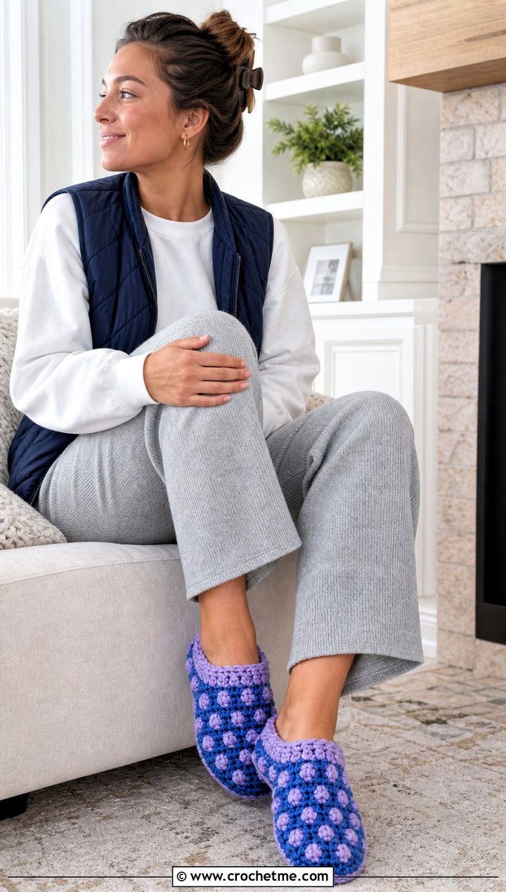 Bobble Stitch Crochet Slippers With A Weekend Knit Outfit - 35 easy crochet slippers outfit ideas