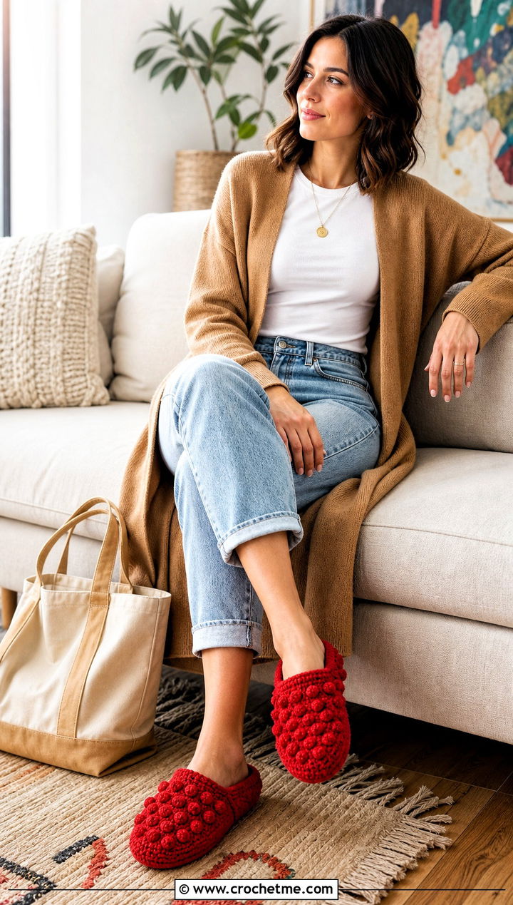 Bobble Stitch Crochet Slippers With Jeans And Cardigan - 25 Quick And Easy Crochet Slippers outfit ideas