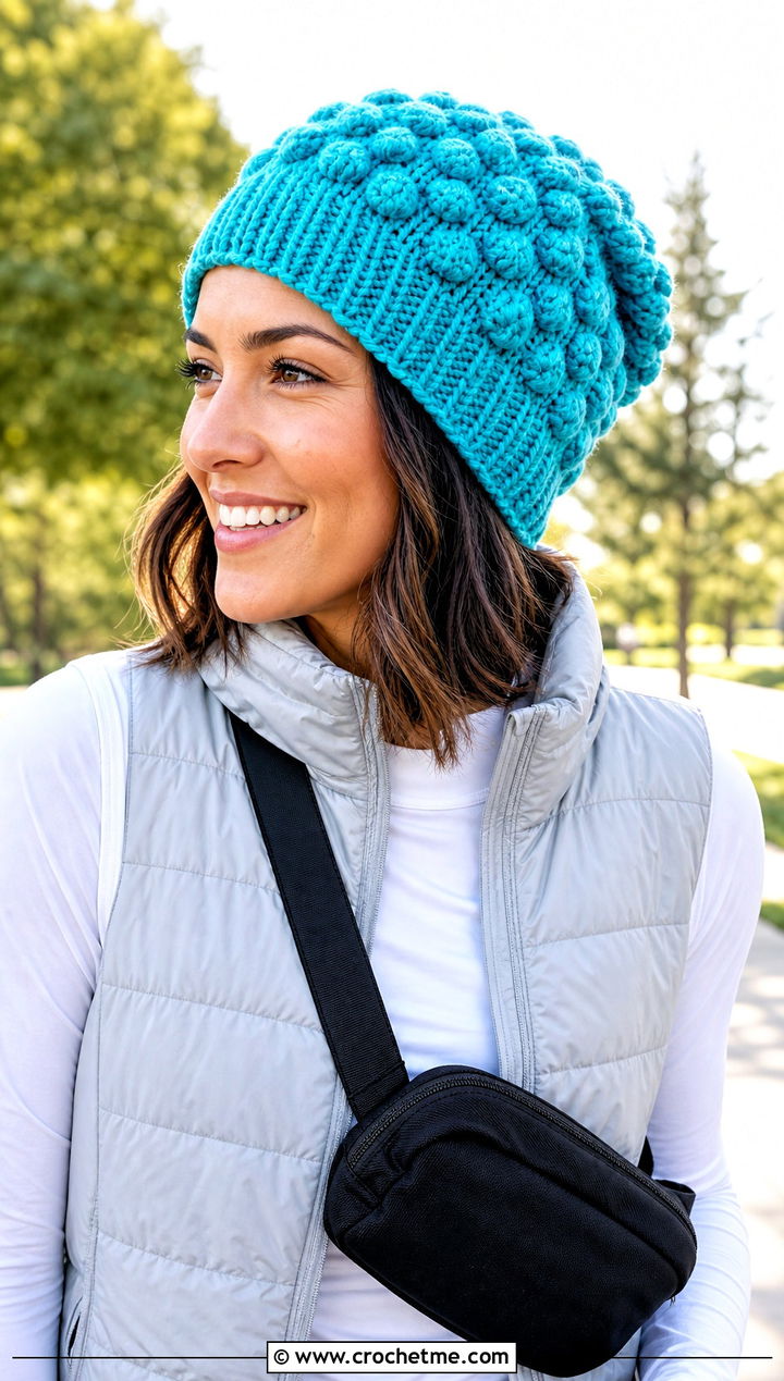 Bobble Stitch Crochet Slouch Hat With Quilted Vest And Joggers - 25 easy crochet slouch hat outfit ideas