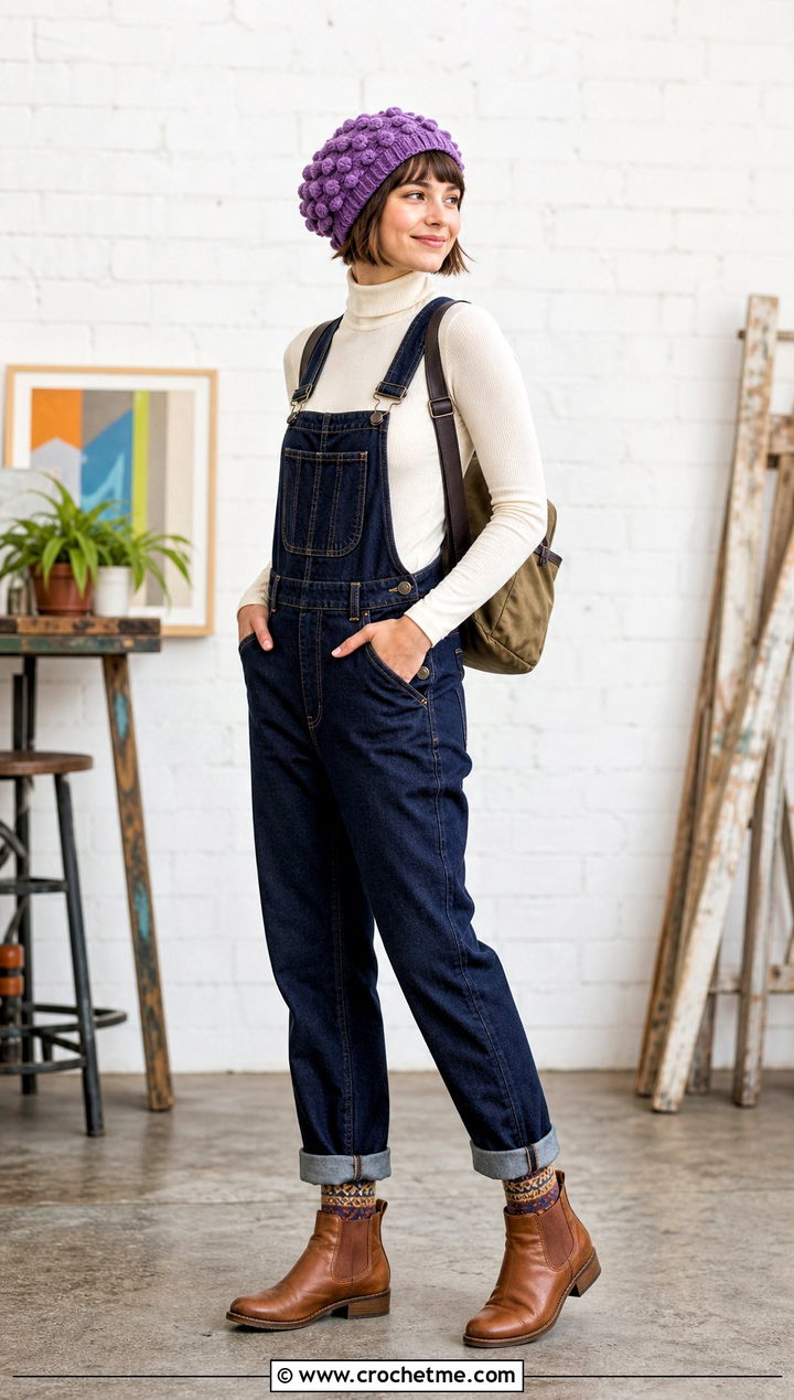Bobble Stitch Crochet Slouchy Beanie With Overalls - 35 crochet slouchy beanie outfit ideas