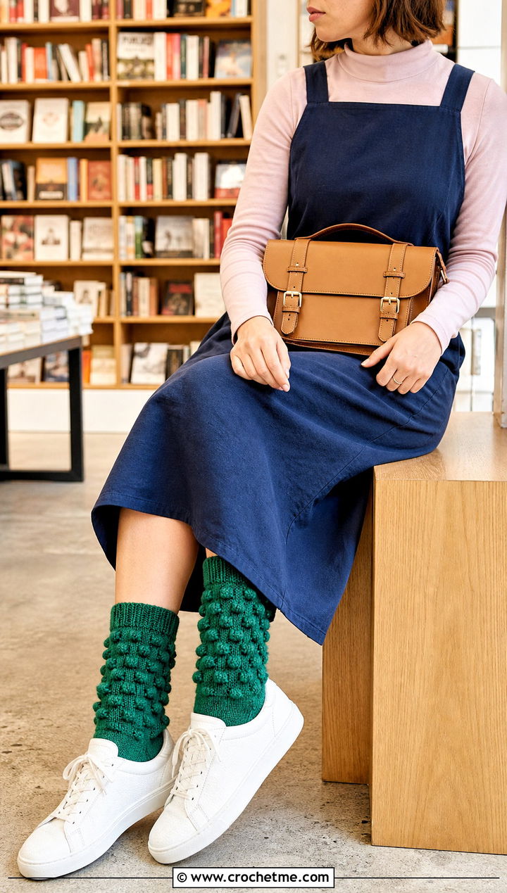 Bobble Stitch Crochet Socks With Pinafore Dress And Sneakers - 25 Quick Crochet Socks outfit ideas
