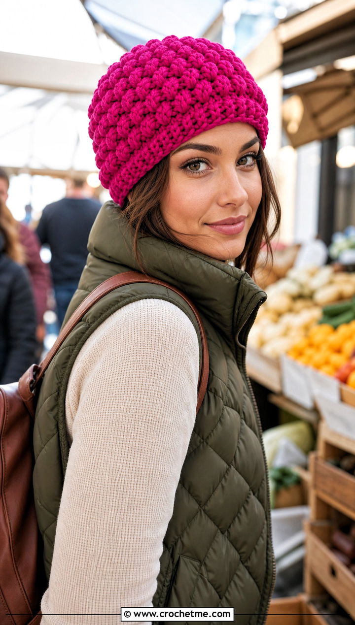 Bobble Stitch Crochet Stocking Cap With Quilted Vest - 30 crochet stocking cap outfit ideas