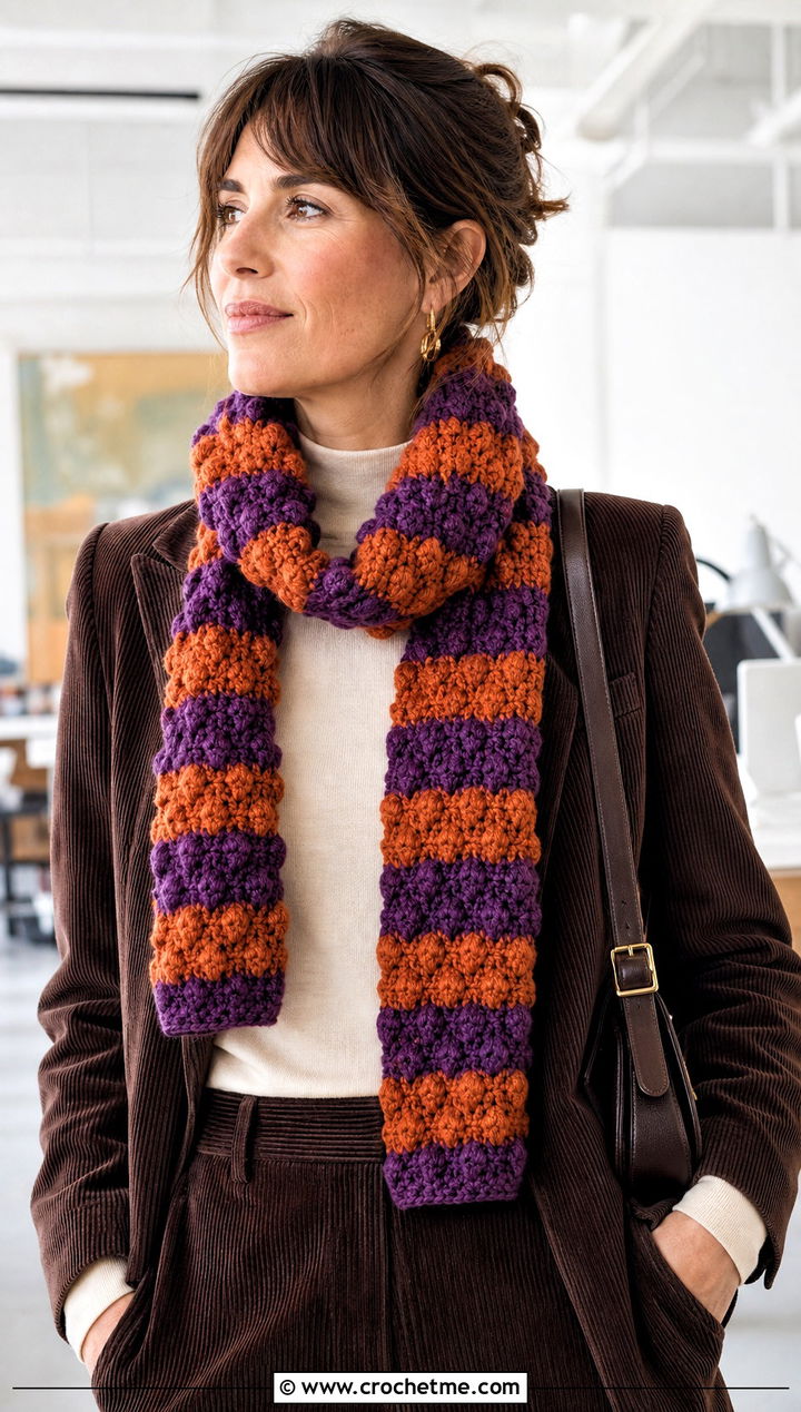 Bobble Stitch Crochet Striped Scarf With Corduroy Suit - 25 crochet striped scarf outfit ideas