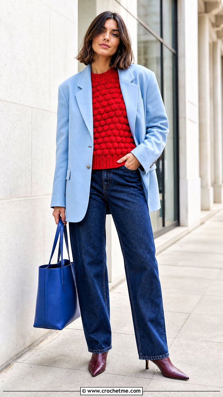 Bobble Stitch Crochet Sweater Vest With Oversized Blazer And Jeans - 35 crochet sweater vest outfit ideas