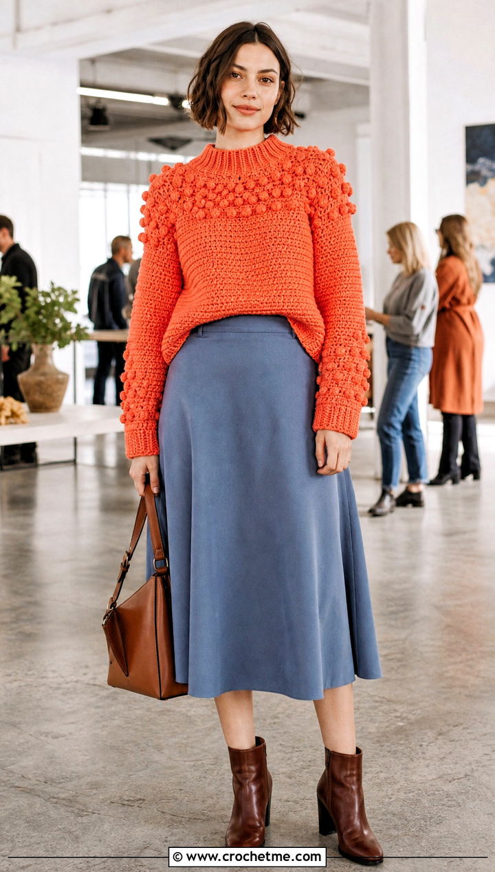 Bobble Stitch Crochet Sweater With A Line Midi Skirt - 25 chunky yarn crochet sweater outfit ideas