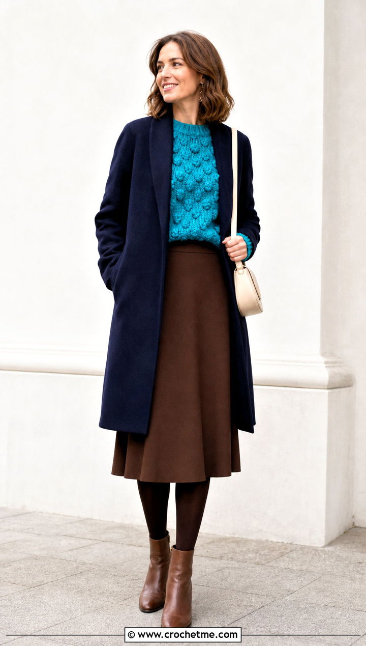 Bobble Stitch Crochet Sweater With A Line Skirt - 30 winter crochet sweater outfit ideas