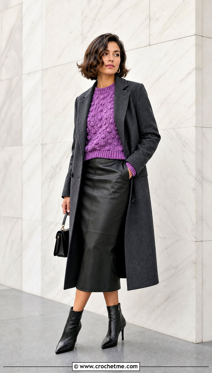 Bobble Stitch Crochet Sweater With Leather Midi Skirt - 30 crochet winter sweater outfit ideas