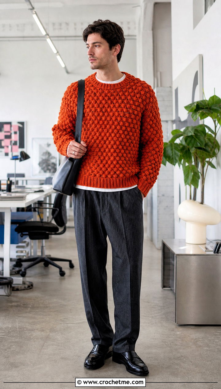 Bobble Stitch Crochet Sweater With Pinstripe Trousers - 35 men's crochet sweater ideas