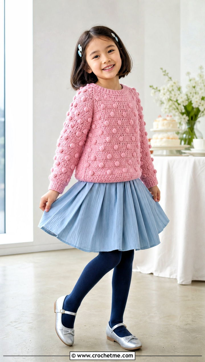 Bobble Stitch Crochet Sweater With Pleated Skirt - 15 Crochet Childs Sweater outfit ideas