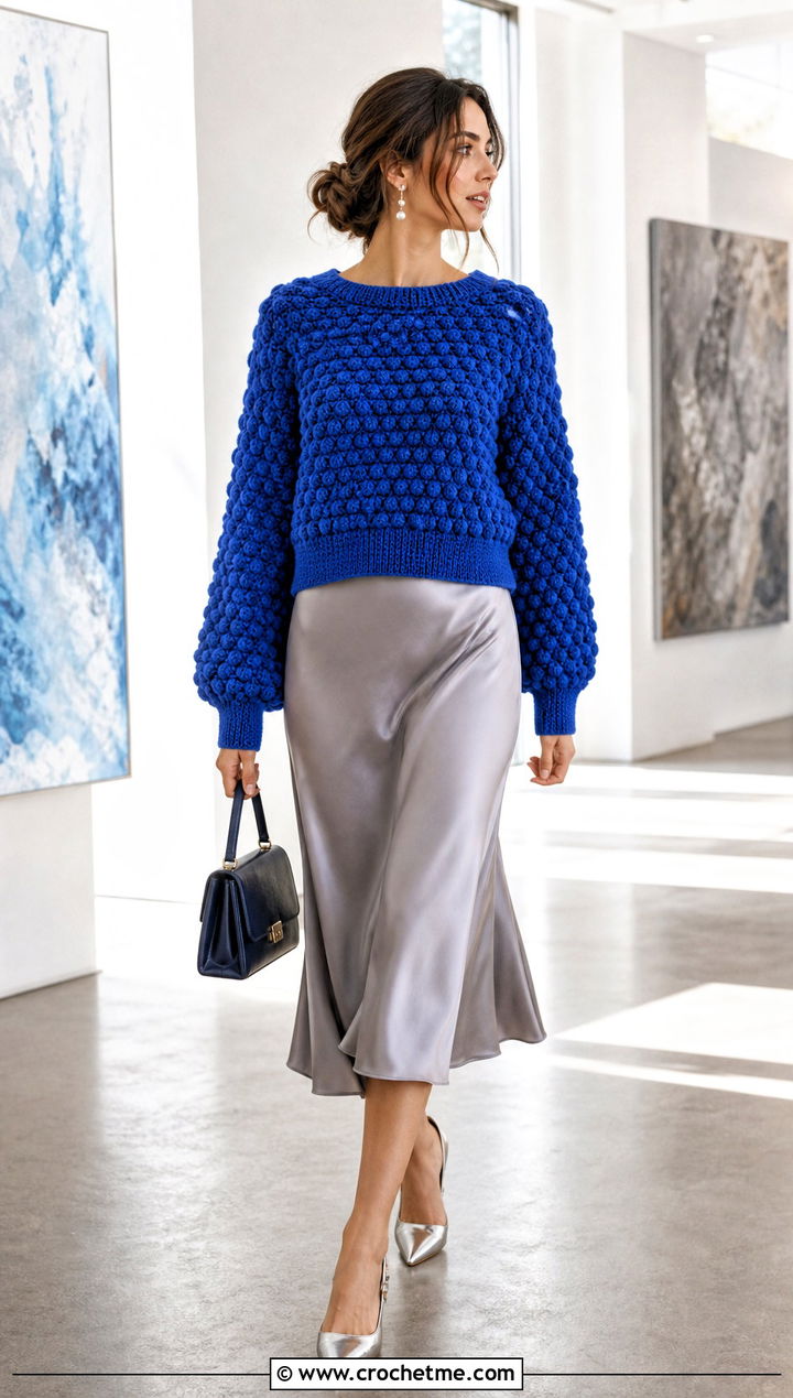 Bobble Stitch Crochet Sweater With Satin Midi Skirt - 25 Crochet Textured Sweater outfit ideas