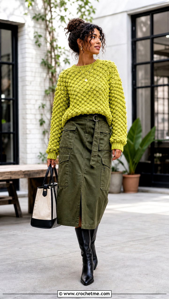 Bobble Stitch Crochet Sweater With Utility Skirt - 35 simple crochet sweater outfit ideas