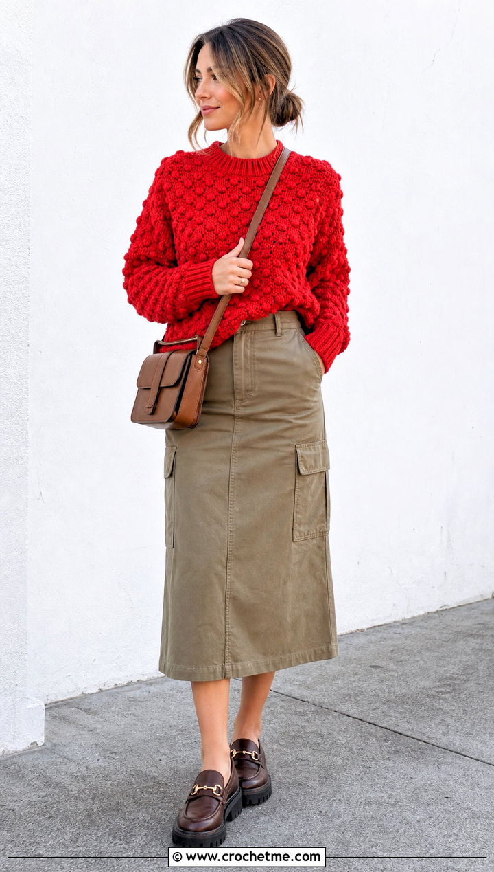 Bobble Stitch Crochet Sweater With Utility Skirt - 35 crocheted sweaters outfit ideas