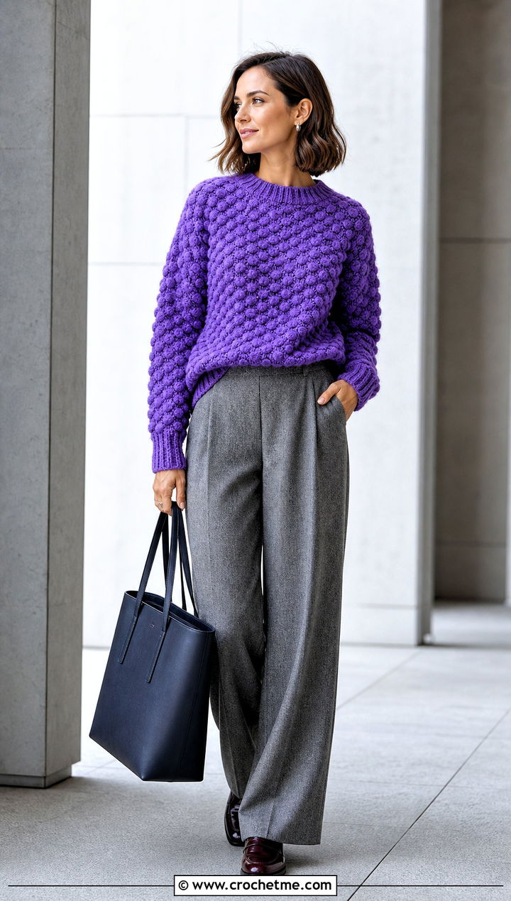 Bobble Stitch Crochet Sweater With Wool Trousers - 30 fall crochet sweaters outfit ideas