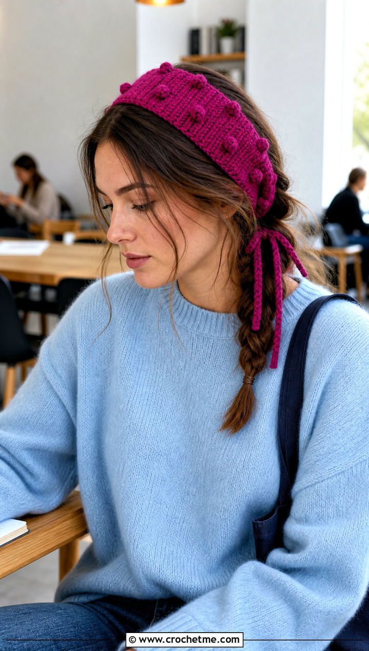 Bobble Stitch Crochet Tie Headband With Oversized Sweater - 35 crochet tie headband outfit ideas