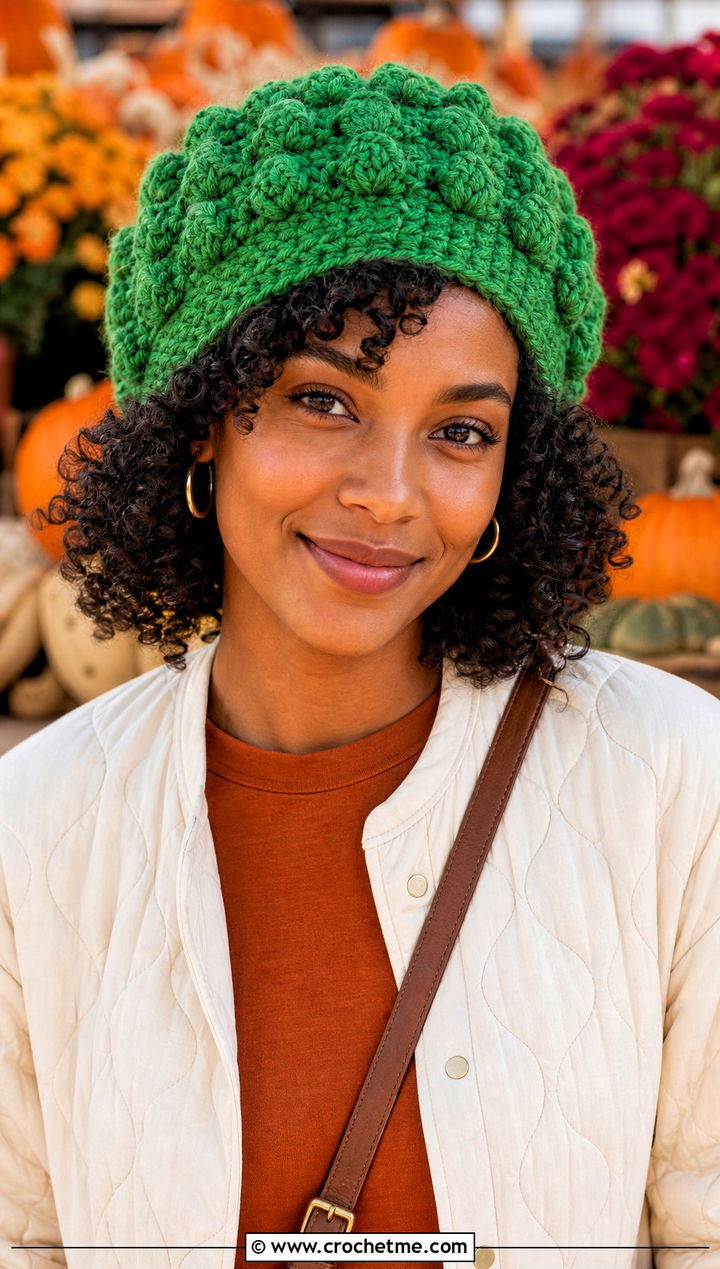 Bobble Stitch Crochet Tube Hat With Quilted Jacket - 25 Crochet Tube Hat outfit ideas
