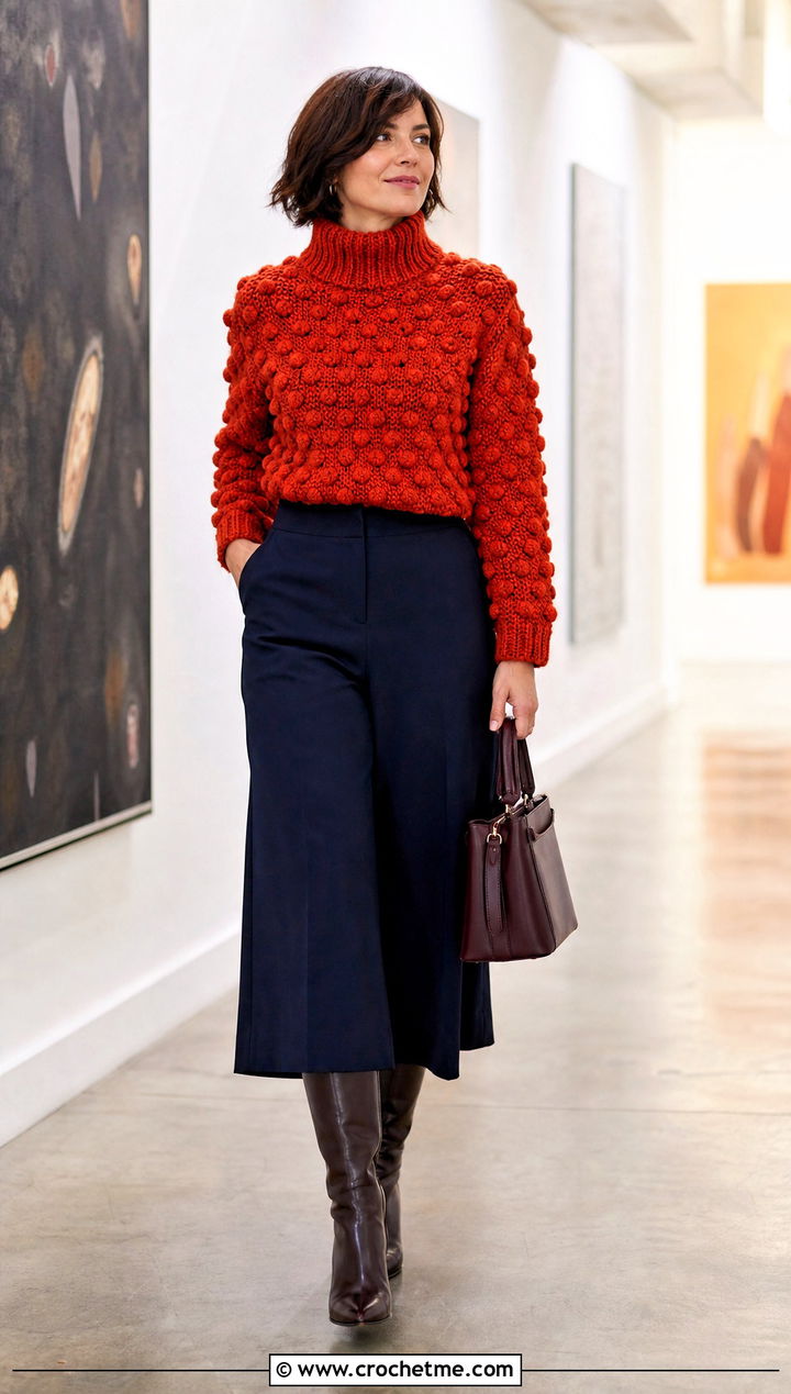 Bobble Stitch Crochet Turtle Neck Sweater With Culottes - 35 crochet turtle neck sweater outfit ideas