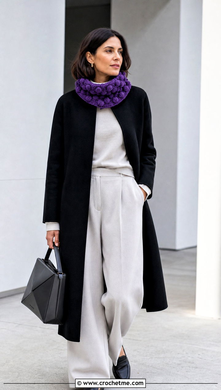 Bobble Stitch Crochet Turtleneck Cowl With Minimalist Outfit - 25 Crochet Turtleneck Cowl outfit ideas