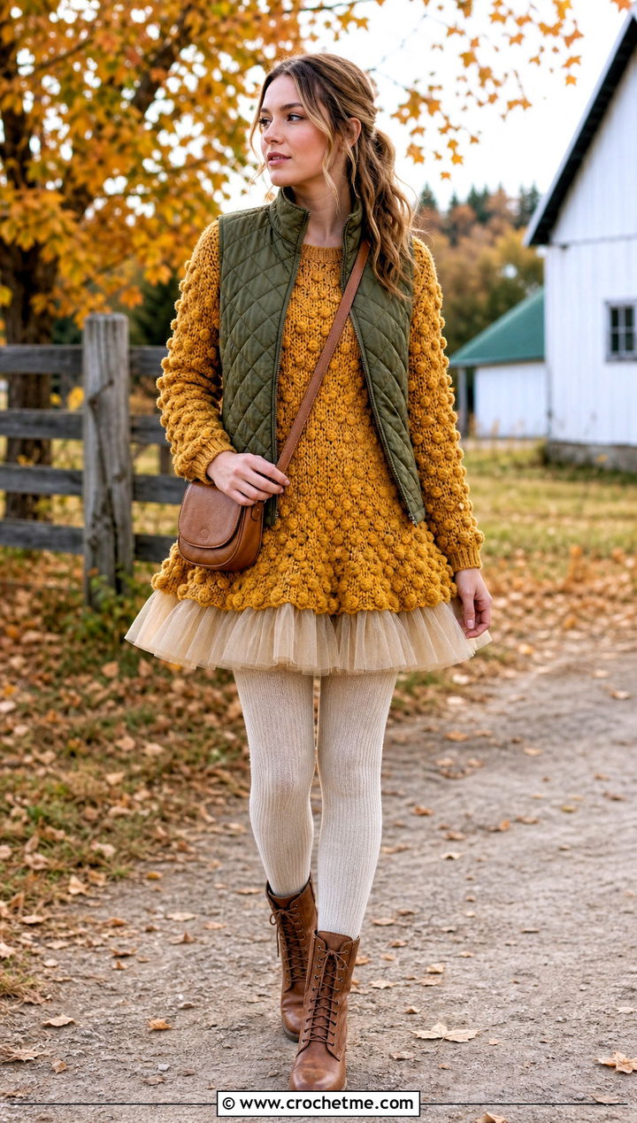 Bobble Stitch Crochet Tutu Dress With Quilted Vest - 35 Crochet Tutu Dress outfit ideas