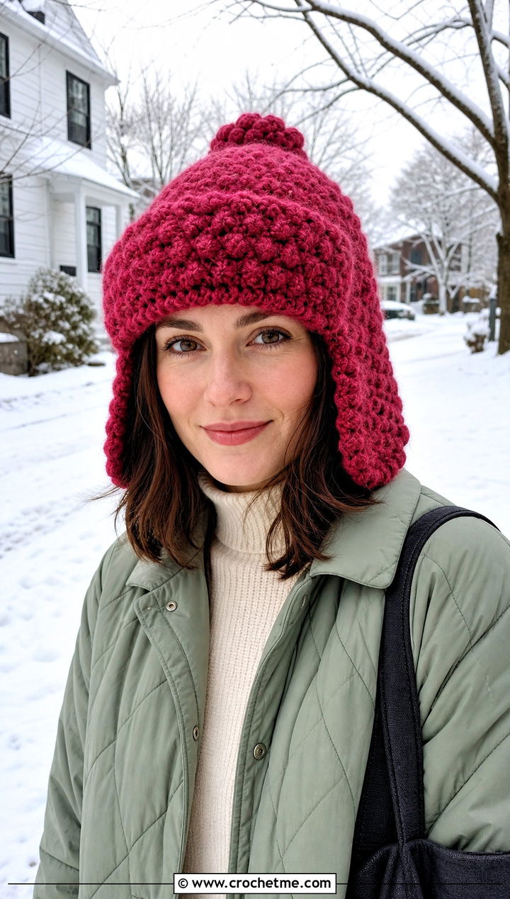 Bobble Stitch Crochet Ushanka Hat With Quilted Coat - 30 crochet ushanka hat outfit ideas